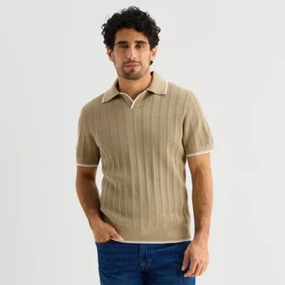 Stafford Johnny Collar Mens Short Sleeve Pullover Sweater In Sand