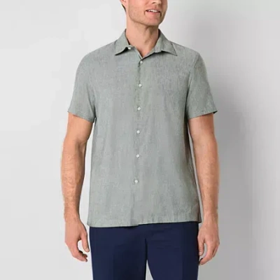 Stafford Linen Blend Mens Short Sleeve Regular Fit Button-down Shirt In Green