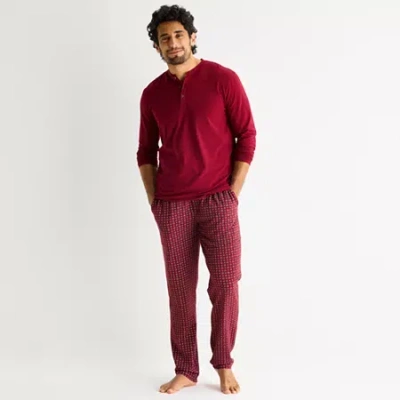 Stafford Mens Henley Neck Long Sleeve Pajama Top In Red