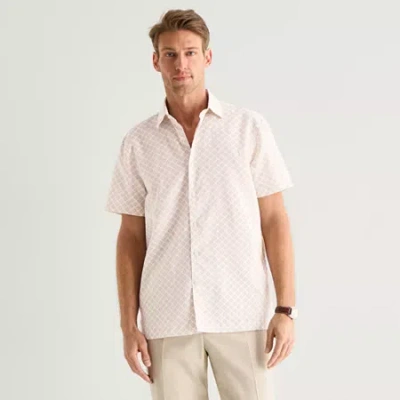 Stafford Shell Print Mens Short Sleeve Regular Fit Button-down Shirt In Sand