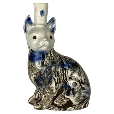 Pre-owned Staffordshire Salt Glaze Solid Agateware Cat With Candle Holder, , Mid-18th C. In Gray