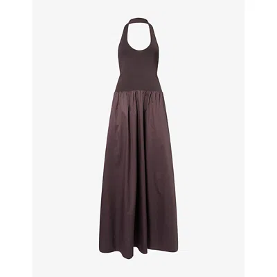St.agni Womens Chocolate Plum Circle-hem Halterneck Jersey And Cotton-poplin Maxi Dress In Purple