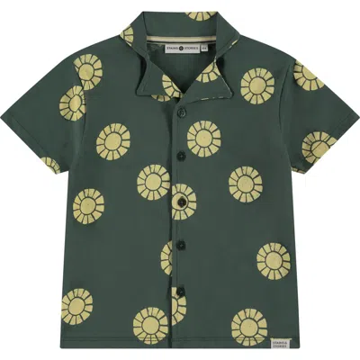 Stains And Stories By Babyface Kids'  Sun Graphic Print Button Up Shirt In Green