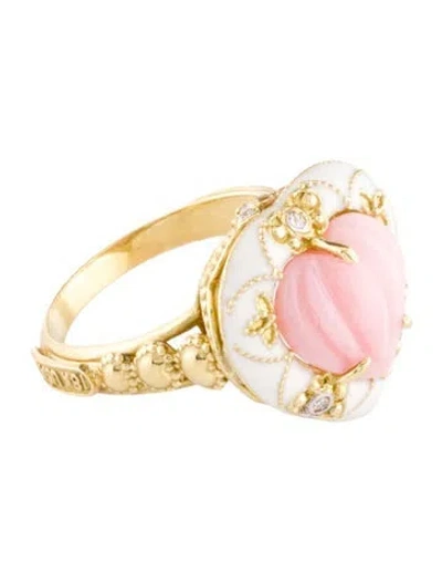 Pre-owned Stambolian 18k Opal & Diamond Enamel Heart Ring In White