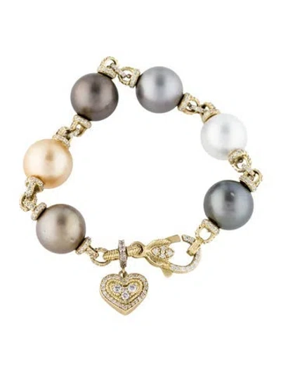 Pre-owned Stambolian 18k Pearl & Diamond Heart Bracelet, 6.5" In Multi