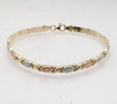 Pre-owned Stampato 7" Diamond Cut Baby Hugs And Kisses  Bracelet Real 14k Tricolor Gold