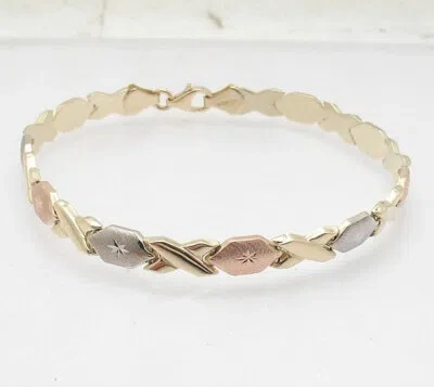 Pre-owned Stampato 7.25" Diamond Cut Hugs And Kisses  Bracelet Real 14k Tricolor Gold