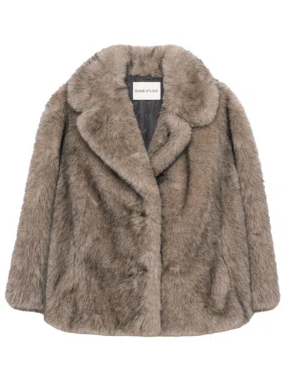 Stand Studio Angelika Faux Fur Coat In Burgundy