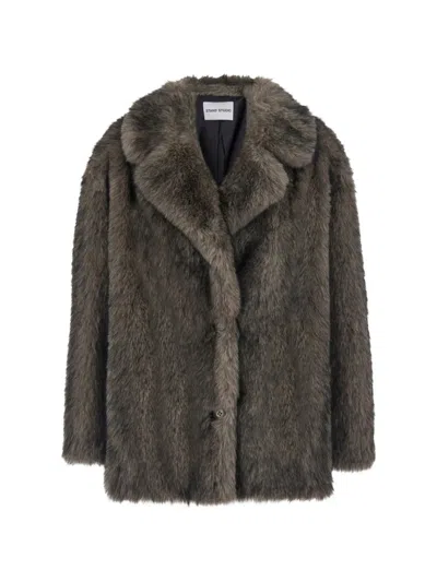 Stand Studio Angelika Faux-fur Notched-lapels Coat In Gray