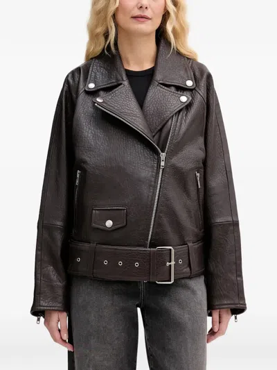Stand Studio Belt Biker Jacket In Brown