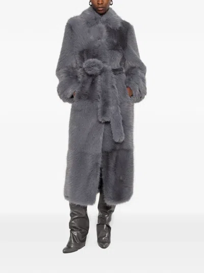 Stand Studio Belted Faux-fur Coat In Gray