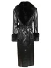 Stand Studio Black Long Coat With Plush Fur Collar And Tailored Belt In Black