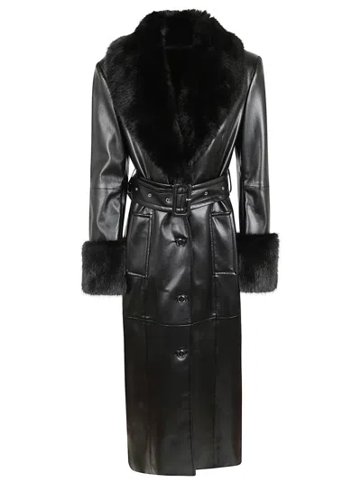 STAND STUDIO BLACK LONG COAT WITH PLUSH FUR COLLAR AND TAILORED BELT