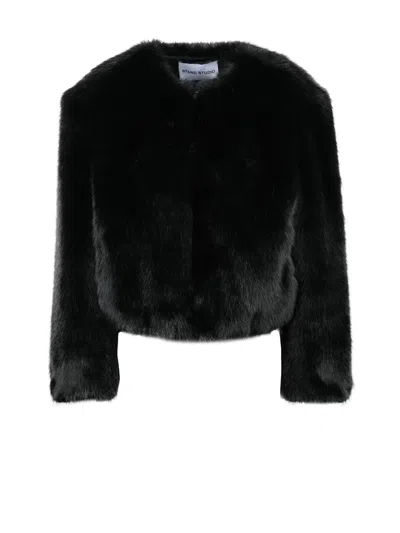 Stand Studio Black Polyester Faux Fur Jacket