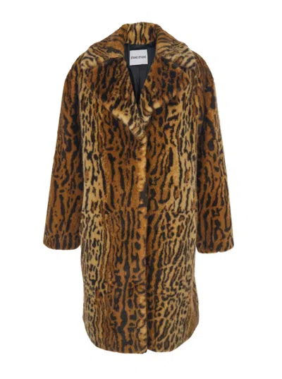 STAND STUDIO 'CAMILLE' BROWN COAT WITH WIDE NOTCHED REVERS AND ALL-OVER LEOPARD MOTIF IN ECOFUR WOMAN