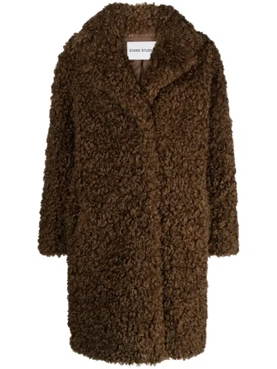 Stand Studio Faux-shearling Button-up Coat In Marrón
