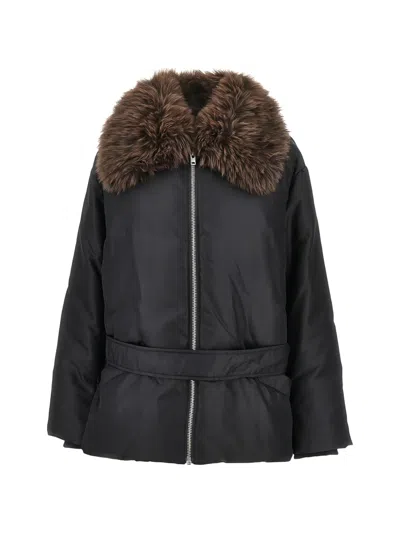 Stand Studio Celeste Faux-fur Collar Belted Jacket In Black