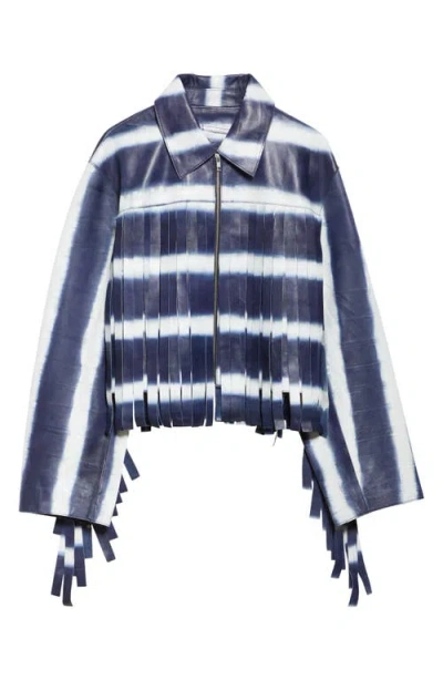 Stand Studio Charlotta Fringe Stripe Crop Leather Jacket In Ocean Tie Dye