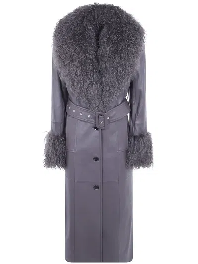 Stand Studio Belted Faux-shearling-trim Coat In Multi
