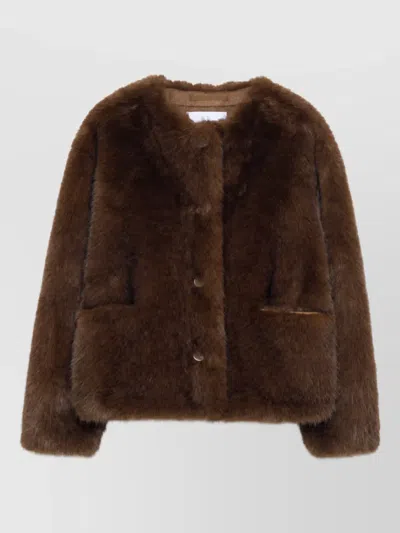 Stand Studio Siena Faux-fur Collarless Jacket In Brown