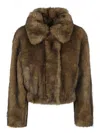 Stand Studio Cropped Faux Fur Coat With Plush Texture And Wide Collar In Green
