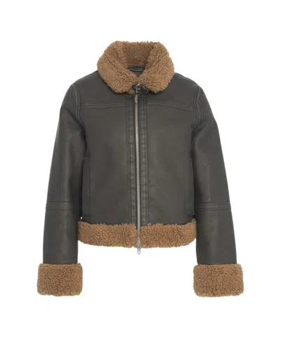Stand Studio Cropped Faux Leather Jacket With Shearling Accents In Gray