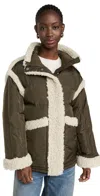 Stand Studio Khaki Dorothy Faux-shearling Down Jacket In Deep Green/natural White