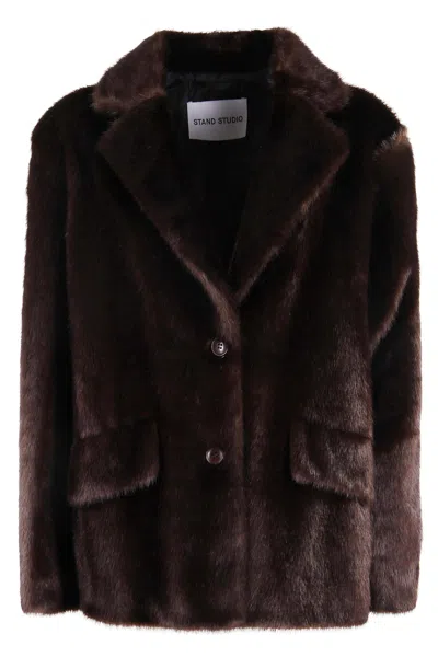 Stand Studio Eco Fur Cropped Jacket With Classic Collar In Brown