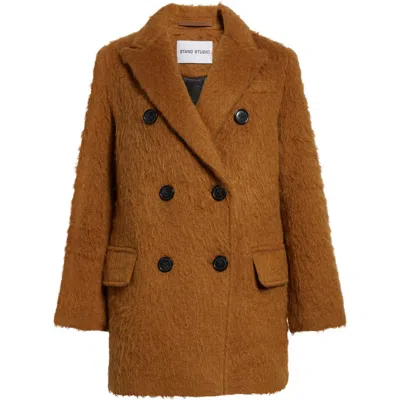 Stand Studio Esme Double Breasted Brushed Wool Blend Short Coat In Olive
