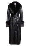 Stand Studio Estella Belted Faux Leather Coat With Faux Fur Trim In Black