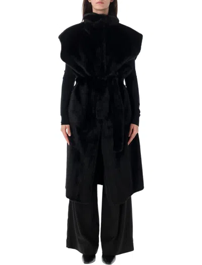 Stand Studio Faux Fur Belted Long Vest In Nero