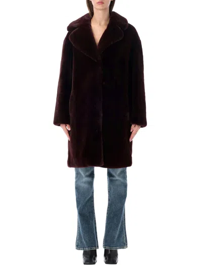 Stand Studio Faux Fur Long Coat In Merlot