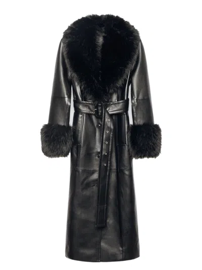 Stand Studio Faux Fur Scarf Collar And Cuffs Coat With Tonal Buttons, Matching Belt & Welt Pockets In Blue