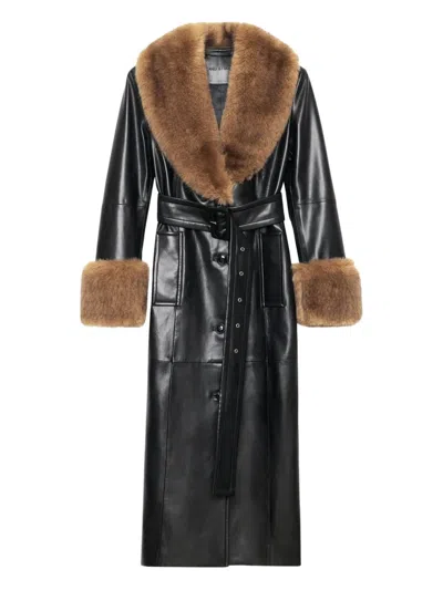 Stand Studio Estella Belted Faux Leather Coat With Faux Fur Trim In Black