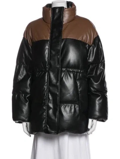 Pre-owned Stand Studio Faux Leather Colorblock Pattern Down Jacket In Black