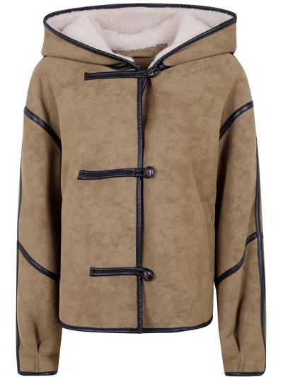 Stand Studio Hooded Toggle Jacket With Contrast Faux Leather And Pockets In Brown