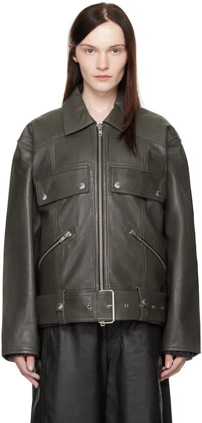 Stand Studio Gray Yara Leather Jacket In 57060 Avocado