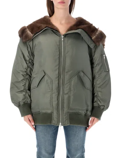 Stand Studio Hooded Faux Fur Trim Bomber Jacket In Green