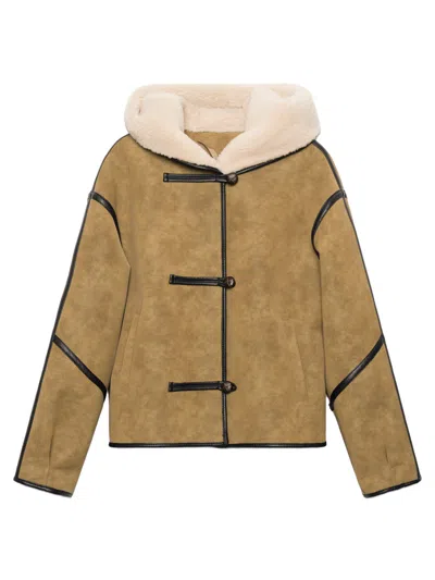 Stand Studio Hooded Toggle Jacket With Contrast Faux Leather And Pockets In Brown