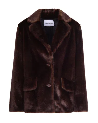 Stand Studio Mid-length Plush Faux Fur Jacket In Black