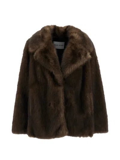 Stand Studio Journi Faux-fur Notch-lapel Coat In Brown