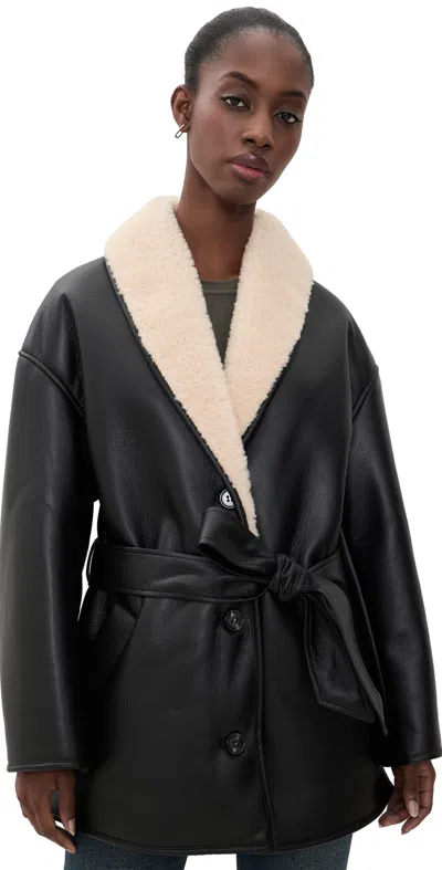 Stand Studio Kathi Belted Faux-shearling-trim Jacket In Black