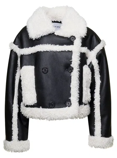 STAND STUDIO KHRISTY BLACK AND WHITE SHEARLING JACKET WITH FAUX FUR TRIMS IN FAUX LEATHER WOMAN