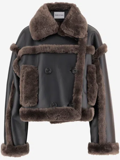 Stand Studio Kristy Synthetic Leather Jacket With Fur Details In Black
