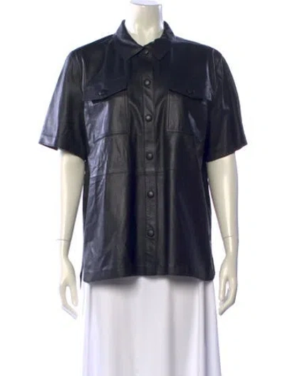 Pre-owned Stand Studio Lamb Leather Short Sleeve Button-up Top In Black