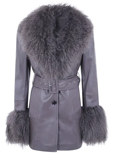Stand Studio Belted Shearling-trim Coat In Gold