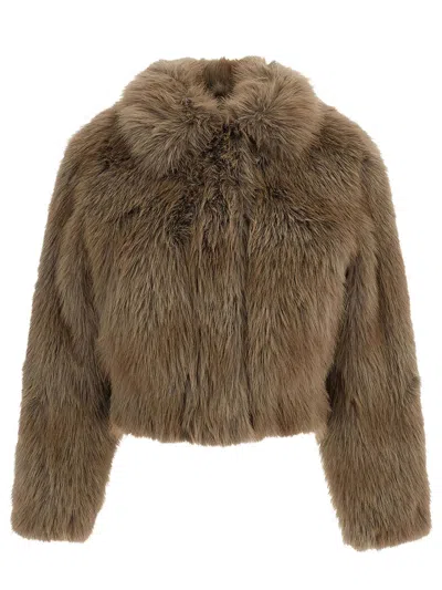 Stand Studio Lena Crop Jacket In Faux Fur With Zip In Brown