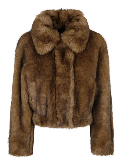 Stand Studio Cropped Faux Fur Coat With Plush Texture And Wide Collar In Green