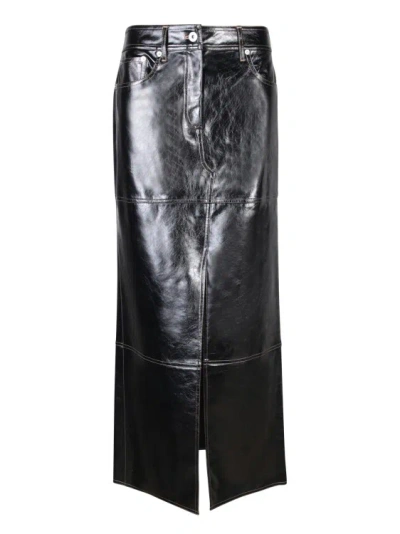 Stand Studio Long Faux Leather Skirt. Straight Cut With Front Slit. Zip And Button Closure. In Black