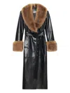 Stand Studio Long Leather Coat With Faux Fur  In Black
